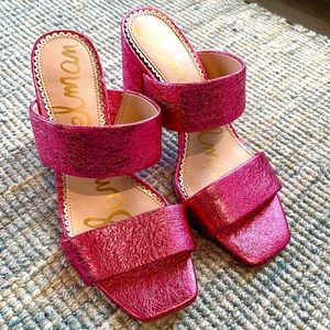 Sam Edelman Delaney Pink Magenta Metallic Mules Heels Leather Shoes Women’s 6.5